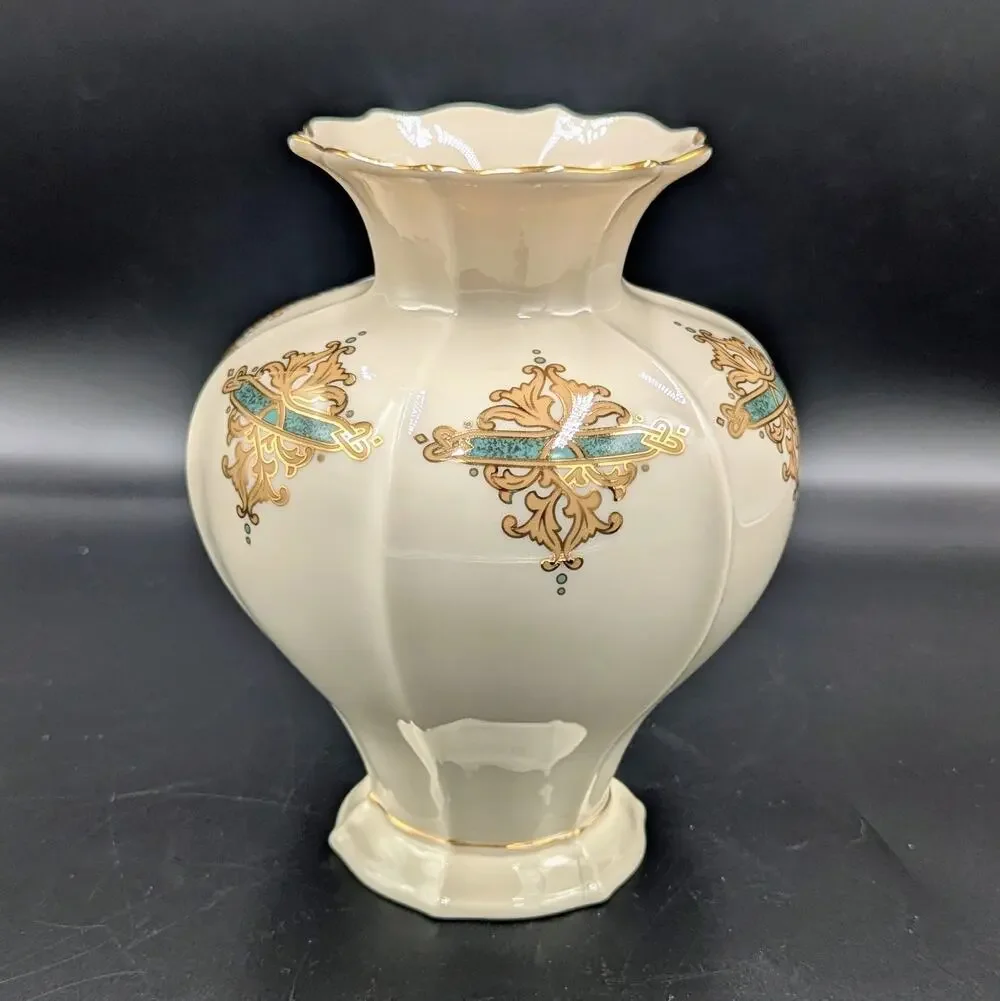 Vintage Lenox Vase Ivory Gold Teal Porcelain Made in USA